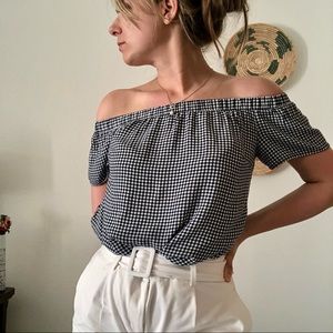 *SOLD* Gingham blue off shoulder cap sleeve top